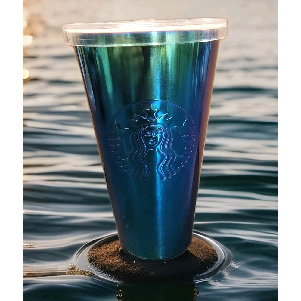 STARBUCKS Stainless Steel Oil Slick Tumbler Iridescent Rainbow Teal 16 Oz
